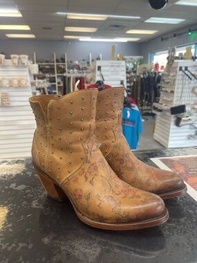 Lucchese Tan Floral Tooled Studded Ankle Boots